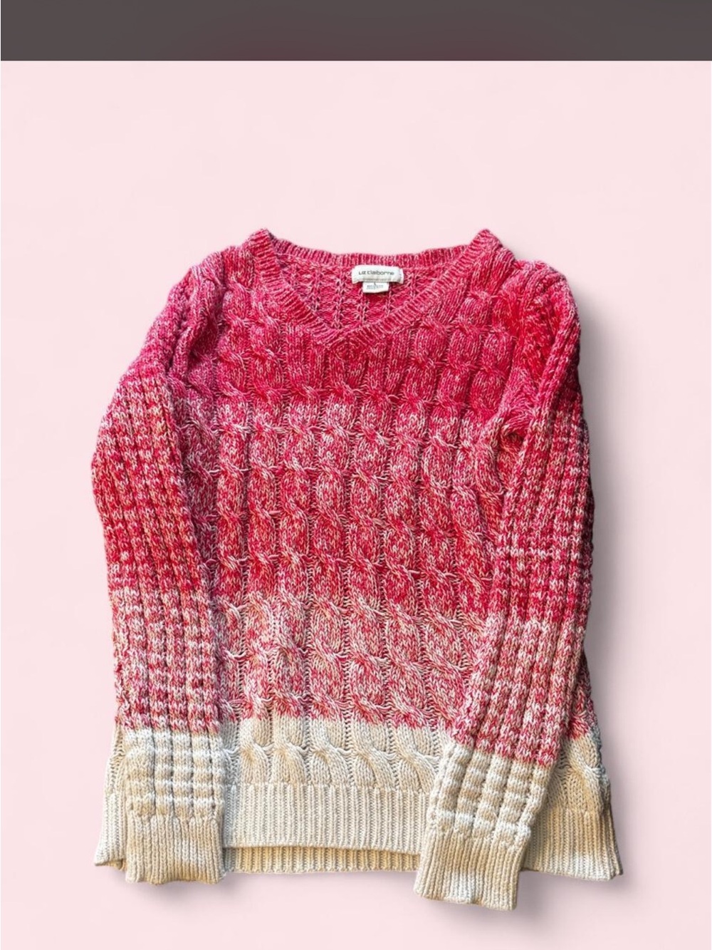 Liz Claiborne Pink to Cream Ombre Cable Knit Crewneck Sweater